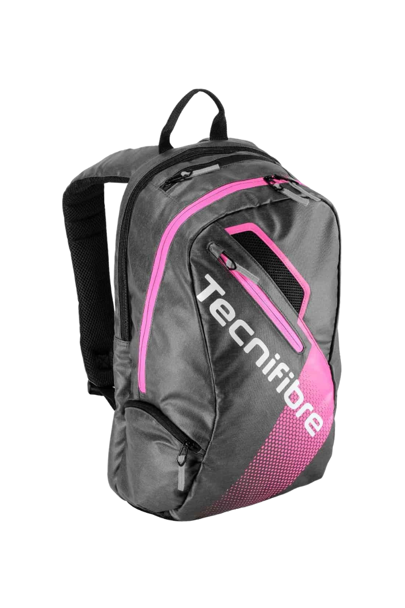  Tecnifibre squash backpack in black with pink and white accents, featuring the Tecnifibre logo on the front.